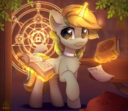 Size: 2057x1774 | Tagged: safe, artist:reterica, derpibooru import, oc, oc only, oc:golden eve, pony, unicorn, book, choker, eye clipping through hair, female, glowing horn, horn, looking at you, magic, magic circle, mare, raised hoof, smiling, solo, table, telekinesis