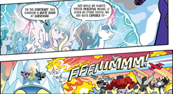 Size: 1137x620 | Tagged: safe, derpibooru import, idw, princess cadance, queen chrysalis, rainbow dash, shining armor, starlight glimmer, tempest shadow, trixie, twilight sparkle, alicorn, changeling, changeling queen, pegasus, pony, unicorn, spoiler:comic, spoiler:friendship in disguise, spoiler:friendship in disguise04, angry, autobot, badass, blast, broken horn, castle, crystal castle, crystal empire, decepticon, determined, explosion, female, fight, flying, force field, glowing horn, gritted teeth, horn, magic, magic beam, magic blast, optimus prime, shield, shockwave, text, transformers, windblade