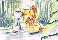 Size: 3312x2257 | Tagged: safe, artist:mashiromiku, derpibooru import, oc, oc only, oc:hollie, pony, bow, clothes, forest, scarf, snowman, snowmare, winter