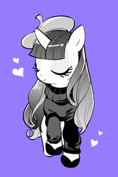 Size: 695x1039 | Tagged: safe, artist:mituuuuya, derpibooru import, rarity, pony, unicorn, alternate hairstyle, beatnik rarity, beret, clothes, cute, eyes closed, female, hat, heart, mare, monochrome, purple background, raribetes, simple background, solo, sweater