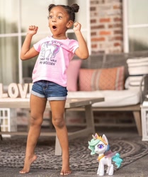 Size: 1080x1289 | Tagged: safe, derpibooru import, princess celestia, human, unicorn, my little pony: pony life, barefoot, clothes, feet, instagram, irl, irl human, official, photo, shirt, target demographic, toy