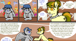 Size: 1286x707 | Tagged: safe, artist:gblacksnow, derpibooru import, oc, oc only, oc:chopsticks, earth pony, pegasus, alcohol, comic, dialogue, female, friendship, hat, jewelry, male, necklace, pearl necklace, text, unshorn fetlocks