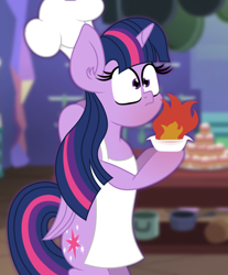 Size: 1400x1688 | Tagged: safe, artist:puperhamster, derpibooru import, twilight sparkle, twilight sparkle (alicorn), alicorn, pony, apron, bipedal, chef, chef's hat, clothes, cooking, fire, hat, kitchen, solo, toque