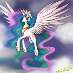 Size: 4000x4000 | Tagged: safe, artist:ser-p, derpibooru import, princess celestia, alicorn, pony, absurd resolution, cloud, crown, female, flying, mare, solo, spread wings