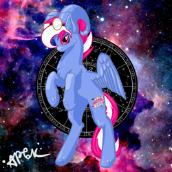 Size: 1920x1920 | Tagged: safe, artist:miscellanea_apgk, derpibooru import, oc, oc only, oc:steam loco, pegasus, pony, sheep, aries, commission, goggles, male, pegasus oc, ram, sign, solo, space, spread wings, wings, ych result