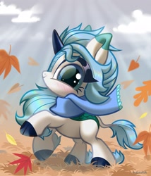 Size: 3000x3500 | Tagged: safe, artist:rrd-artist, derpibooru import, oc, oc only, kirin, autumn, blushing, clothes, female, kirin oc, leaves, looking at you, rearing, scarf, smiling, solo