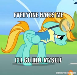 Size: 1080x1053 | Tagged: safe, derpibooru import, edit, edited screencap, screencap, lightning dust, pegasus, pony, wonderbolts academy, abuse, bronybait, caption, clothes, goggles, meme, op is a cuck, op is trying to start shit, op isn't even trying anymore, sad, suicidal, text, uniform, wonderbolts uniform