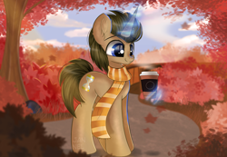 Size: 4092x2825 | Tagged: safe, artist:janelearts, derpibooru import, doctor whooves, pony, unicorn, autumn, clothes, commission, cup, glowing horn, horn, leaves, magic, male, race swap, scarf, scenery, smiling, solo, stallion, telekinesis, tree