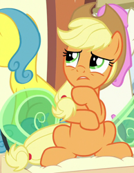 Size: 526x679 | Tagged: safe, derpibooru import, screencap, applejack, lemon hearts, twinkleshine, earth pony, pony, the last problem, applejack's hat, cowboy hat, cropped, hat, sitting, thinking, train