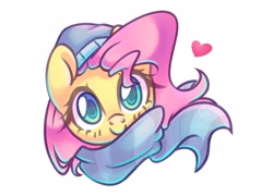 Size: 2032x1460 | Tagged: safe, artist:musicfirewind, derpibooru import, fluttershy, pegasus, pony, beanie, blushing, bust, clothes, colored pupils, cute, female, full face view, hat, heart, looking at you, mare, portrait, scarf, shyabetes, simple background, smiling, solo, white background, winter outfit