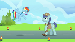 Size: 1920x1080 | Tagged: safe, derpibooru import, screencap, rainbow dash, earth pony, pegasus, pony, the last problem, broom, deep clean, flying, unamused