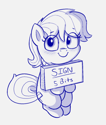 Size: 848x998 | Tagged: safe, artist:heretichesh, derpibooru import, oc, earth pony, pony, blushing, female, filly, monochrome, not mrs. harshwhinny, sign, simple background, sitting, smiling, solo, text