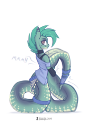Size: 2480x3508 | Tagged: safe, artist:justafallingstar, derpibooru import, oc, oc:dalar, lamia, original species, snake, belt, clothes, colored sketch, colt, hug, looking at you, male, muffled, muffled moaning, scales, shirt, smiling, socks, t-shirt, unknown prey, vore