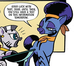 Size: 317x284 | Tagged: safe, artist:andypriceart, derpibooru import, idw, zecora, zebra, spoiler:comic90, afro, classroom, comic, desk, ms. alegre, preview, school, season 10