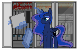 Size: 3128x2000 | Tagged: safe, artist:dacaoo, derpibooru import, princess luna, alicorn, pony, chest fluff, commission, computer, ethereal mane, ethereal tail, female, horn, magic, mare, server, solo, telekinesis, wings