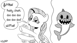 Size: 1200x675 | Tagged: safe, artist:pony-berserker, derpibooru import, fluttershy, pegasus, pony, shark, pony-berserker's twitter sketches, baby shark, duo, female, folded wings, frog (hoof), grayscale, looking at you, mare, monochrome, music notes, open mouth, singing, speech bubble, underhoof, wings