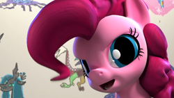 Size: 560x315 | Tagged: safe, derpibooru import, discord, pinkie pie, queen chrysalis, changeling, changeling queen, earth pony, pony, hello pinkie pie, close-up, eyelashes, eyes, open mouth