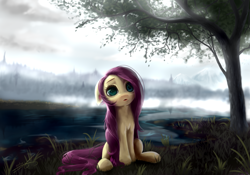 Size: 5000x3500 | Tagged: safe, artist:thatdreamerarts, derpibooru import, fluttershy, pegasus, pony, absurd resolution, detailed background, female, floppy ears, fog, grass, looking at you, mare, outdoors, realistic, river, sitting, solo, tree