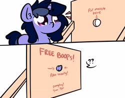 Size: 3250x2560 | Tagged: safe, artist:kimjoman, derpibooru import, oc, oc only, oc:purple flix, pony, unicorn, 2 panel comic, boop, chest fluff, comic, curious, cute, ear fluff, female, mare, ocbetes, question mark, simple background, solo, white background