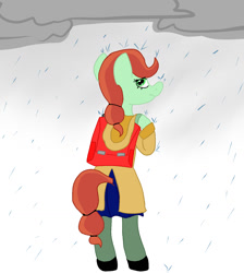 Size: 1325x1482 | Tagged: safe, artist:lowname, derpibooru import, oc, oc only, anthro, earth pony, unguligrade anthro, backpack, cloud, earth pony oc, looking back, outdoors, rain, raincoat, solo