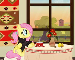 Size: 5000x4000 | Tagged: safe, artist:a4r91n, derpibooru import, fluttershy, pegasus, pony, alternate hairstyle, autumn, carpet, clothes, flower, food, fruit, ponytail, sitting, sunset, sweater, sweatershy, table, tea, vase, vector, window