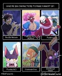 Size: 3897x4782 | Tagged: safe, artist:scribblecate, derpibooru import, pinkie pie, anthro, cat, human, animal crossing, animatronic, avatar the last airbender, bone, bust, cabbage, cabbage merchant, cheek squish, cigarette, clothes, crossover, crying, dark skin, eyes closed, female, five nights at freddy's, food, glitchtrap, glowing eyes, hat, humanized, lighter, male, murdoc niccals, papyrus (undertale), six fanarts, skeleton, smiling, squishy cheeks, undertale