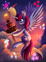 Size: 5000x6632 | Tagged: safe, artist:atlas-66, derpibooru import, oc, oc only, oc:fausticorn, alicorn, pony, absurd file size, absurd resolution, cake, candle, canterlot, cloud, cutie mark, ear fluff, female, flying, food, happy birthday mlp:fim, horn, implied mane six, leg fluff, mare, mlp fim's tenth anniversary, profile, quill pen, scroll, sky, solo, spread wings, wings