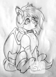 Size: 699x960 | Tagged: safe, artist:silentwolf-oficial, derpibooru import, oc, oc only, bat pony, butterfly, pony, bat pony oc, bat wings, choker, clothes, grayscale, lineart, looking up, monochrome, sitting, socks, solo, traditional art, underhoof, watermark, wings