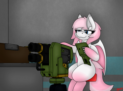 Size: 3519x2606 | Tagged: safe, artist:ryanthecone, derpibooru import, oc, oc:pink faith, bat pony, building, commission, deep rock galactic, sentry gun, sitting