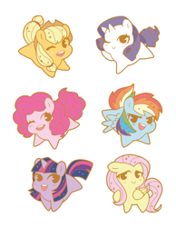 Size: 1840x2372 | Tagged: safe, artist:pitchpatch, derpibooru import, applejack, fluttershy, pinkie pie, rainbow dash, rarity, twilight sparkle, unicorn twilight, earth pony, pegasus, pony, unicorn, chibi, enamel pin, female, mane six, mare, one eye closed, open mouth, simple background, smiling, white background, wink