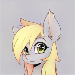 Size: 1024x1024 | Tagged: safe, artist:thisponydoesnotexist, derpibooru import, pony, bust, ear fluff, gray background, large ears, looking at you, neural network, not derpy, simple background