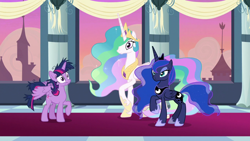 Size: 1920x1080 | Tagged: safe, derpibooru import, screencap, princess celestia, princess luna, twilight sparkle, twilight sparkle (alicorn), alicorn, pony, the last problem, messy mane, shocked