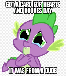 Size: 840x970 | Tagged: safe, derpibooru import, spike, dragon, bad day, bad luck, caption, crying, heartbreak, hearts and hooves day, image macro, implied gay, male, single, spikeabuse, sucks to be him, text