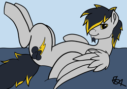 Size: 3471x2447 | Tagged: safe, artist:thunder arch, derpibooru import, oc, oc only, oc:thunder arch, pegasus, pony, bed, colored, facial hair, flat colors, goatee, looking at you, lying down, lying on bed, male, on back, on bed, pegasus oc, simple background, smiling, smiling at you, stallion, wings