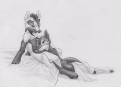 Size: 3906x2819 | Tagged: safe, artist:joestick, derpibooru import, oc, oc:arcalia, oc:kass, earth pony, pony, blank flank, coat markings, duo, female, grayscale, male, mare, monochrome, pinto, siblings, socks (coat marking), stallion, traditional art