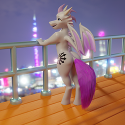 Size: 800x800 | Tagged: safe, artist:jesterkatz, oc, oc only, oc:quirky view, anthro, dragon, hybrid, pegasus, pony, unguligrade anthro, balcony, city, cityscape, colored, cutie mark, detailed background, horns, looking away, male, railing, rooftop, smiling, stallion, wings