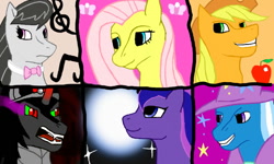 Size: 800x480 | Tagged: safe, artist:vitaminbob, derpibooru import, applejack, fluttershy, king sombra, octavia melody, princess luna, trixie, alicorn, earth pony, pegasus, pony, unicorn, bust, cape, clothes, female, hat, male, mare, open mouth, smiling, sombra eyes, stallion, trixie's cape, trixie's hat