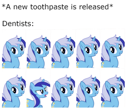 Size: 554x470 | Tagged: safe, derpibooru import, minuette, pony, unicorn, angry, dentist, female, grin, happy, mare, meme, one of these things is not like the others, open mouth, simple background, smiling, white background