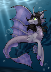 Size: 2894x4093 | Tagged: safe, artist:beerman, derpibooru import, pony, siren, commission, curved horn, fangs, fins, fish tail, happy, horn, kellin quinn, male, ponified, scale, sleeping with sirens, solo, underwater