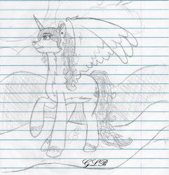 Size: 1135x1178 | Tagged: safe, artist:twin-fan, derpibooru import, oc, oc only, alicorn, pony, alicorn oc, female, horn, lineart, lined paper, mare, raised hoof, signature, solo, traditional art, unshorn fetlocks, wings