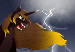 Size: 1650x1150 | Tagged: safe, artist:twin-fan, derpibooru import, oc, oc only, alicorn, pony, alicorn oc, bust, cloud, fangs, female, horn, lightning, mare, nightmarified, open mouth, rain, sharp teeth, signature, teeth