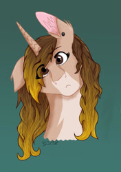 Size: 989x1408 | Tagged: safe, artist:twin-fan, derpibooru import, oc, oc only, alicorn, pony, alicorn oc, bust, confused, ear piercing, eye clipping through hair, female, gradient background, horn, mare, piercing, signature, solo