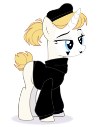 Size: 2341x3025 | Tagged: safe, artist:deko4ka, derpibooru import, oc, oc only, oc:golden silence (mime), pony, unicorn, beret, blank flank, clothes, eyeshadow, face paint, female, hat, lipstick, makeup, mare, mime, simple background, solo, sweater, turtleneck, white background