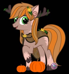 Size: 663x714 | Tagged: source needed, safe, artist:lovelypromise, derpibooru import, oc, deer, antlers, black background, cloven hooves, freckles, open mouth, pumpkin, raised hoof, simple background, smiling, solo, unshorn fetlocks