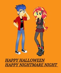 Size: 941x1121 | Tagged: safe, artist:tfsniperboy22, derpibooru import, flash sentry, sunset shimmer, equestria girls, converse, female, flashimmer, halloween, holiday, male, nightmare night, shipping, shoes, straight