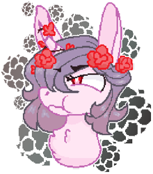 Size: 328x372 | Tagged: safe, artist:time-lime, derpibooru import, oc, oc only, oc:grumpy, unicorn, big ears, female, flower, flower in hair, grumpy, head, horn, simple background, solo, transparent background, unicorn oc