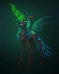 Size: 1080x1350 | Tagged: safe, artist:moona_lou, derpibooru import, queen chrysalis, changeling, changeling queen, female, glowing horn, grin, horn, smiling, solo