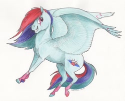 Size: 2594x2102 | Tagged: safe, artist:lady-limule, derpibooru import, oc, oc only, pegasus, pony, eye scar, female, grin, mare, paw prints, pegasus oc, scar, smiling, solo, traditional art, wings