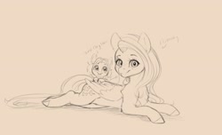 Size: 2776x1687 | Tagged: safe, artist:miokomata, derpibooru import, fluttershy, oc, oc:clay, earth pony, pegasus, pony, chest fluff, cute, duo, female, freckles, freckleshy, looking at you, lying down, mare, miokomata is trying to murder us, monochrome, prone, shyabetes, simple background, size difference, smol, tiny, tiny ponies