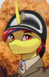 Size: 1485x2338 | Tagged: safe, artist:mrscroup, derpibooru import, oc, oc only, oc:sunrise moonshadow, pony, unicorn, equestria at war mod, autumn, clothes, general, helmet, male, military uniform, stallion